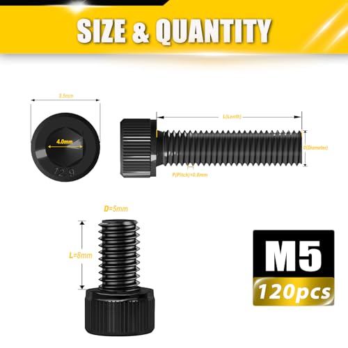 120pcs M5 x 8mm Screws, Hex Socket Head Cap Screws Bolts, 12.9 Grade Alloy Steel, Black Zinc Plated, Allen Socket Drive, Half-Threads, Machine Screws - size: M5*8mm 120pcs