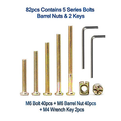 NINDEJIN 82 PCS Hex Socket Screw Bolts and Nuts Assortment Kit, M6 x 40 mm 50 mm 60 mm 70 mm 80 mm Furniture Screws for Baby Bed Crib Cots Headboards, M6 Allen Bolts and Barrel Nuts Set - size: 82pcs M6 40mm-80mm