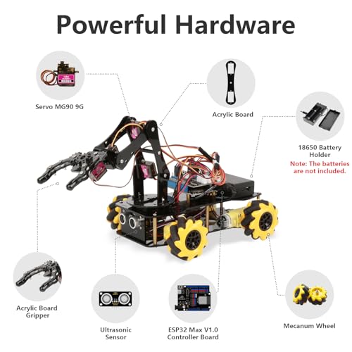 ACEBOTT 5DOF Smart Robot Arm Car Kit, 4WD Remote Control Car Compatible with Arduino/Python/Blockly Programming Project/STEM Education/Science Coding Kit for 12+ Teens and Adults Unique Gifts - color: Yellow