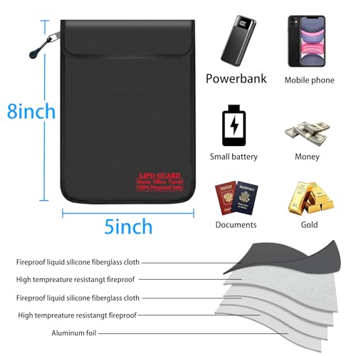 5"x8" Fireproof Lipo Safe Bag with Fireproof Zipper Fireproof Edge wrapping Fireproof wire,Home Office Travel Safe Storage for Cash Valuables Passport Power bank Lipo Battery (13 * 20cm Black) - size: 13*20cm Black