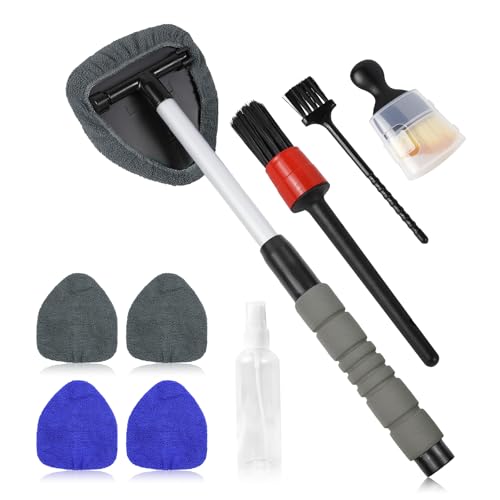 wuyaoyao 14PCS Car Windshield Cleaning Tool, Car Glass Wiper Kit with Window Cleaner, Microfiber Pads, Spray Bottle, Extendable Handle, Interior Detailing Dust Brush, Car Cleaning Supplie (Blue+Gray) - color: Blue+Gray