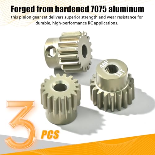 3PCS 48P Pinion Gear Set 7075 Aluminum Alloy 3.175mm Shaft 16T 17T 18T with Screws & Hex for 1/10 RC Arrma Traxxas HPI Sakura Losi Axial SCX10 Tamiya Monster Truck Buggy Motor Gears Upgrade - size: 16 17 18T