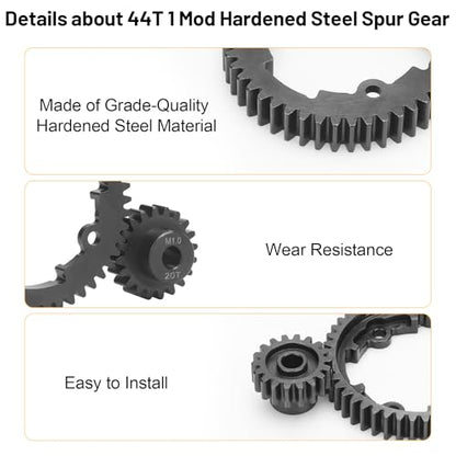 daitoku 44T 1 Mod Hardened Steel Spur Gear with 18T 20T 22T Motor Pinion Gear Compatible with Traxxas 1/10 Maxx 1/5 X-Maxx 1/10 E-REVO 2.0 VXL 1/7 XO-1 - size: 44T