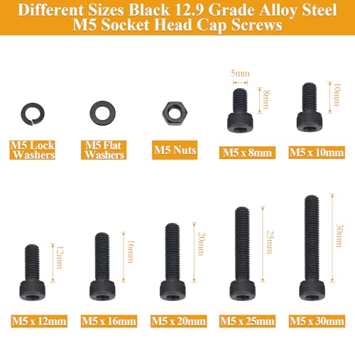 205 Pieces M5 Screws Nuts Washers Set Black, Sutemribor M5 x 8/10/12/16/20/25/30mm Hex Socket Head Cap Screws Nuts Washers Assortment Kit, 12.9 Grade Alloy Steel, Fully Threaded - size: M5 x 8-30mm, style: Socket Head