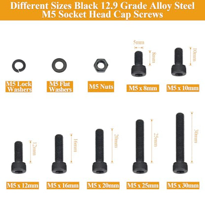 205 Pieces M5 Screws Nuts Washers Set Black, Sutemribor M5 x 8/10/12/16/20/25/30mm Hex Socket Head Cap Screws Nuts Washers Assortment Kit, 12.9 Grade Alloy Steel, Fully Threaded - size: M5 x 8-30mm, style: Socket Head