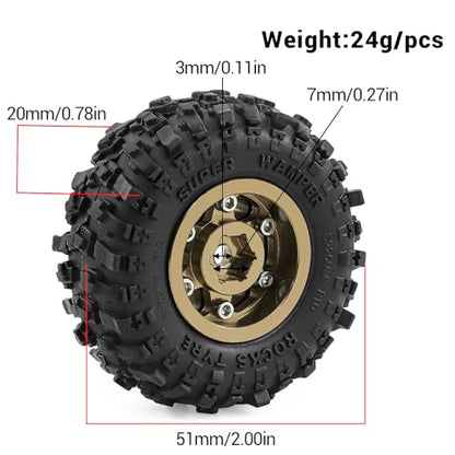 1.0" Beadlock Aluminum Wheels and 51mm Soft Rubber Tires | for SCX24, TRX4M, Ascent 18, FCX24, 1/18 1/24 RC Crawler, 7mm Hex, 0mm Offset, with Foam Inserts, (Bronze 101) - color: Bronze 101
