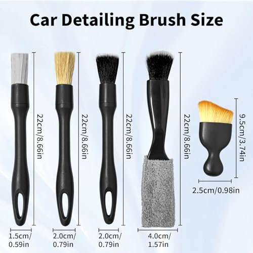 5 PCS Car Detailing Brush Set-Car Interior & Exterior Soft Boars Bristle Cleaning Brushes,Dusting Cleaning Supplies for Auto Detailing, Dashboard, Vents, Wheels,Tires,Leather Seat