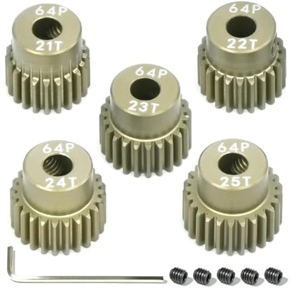 5Pcs 64P Aluminum Alloy Pinion Gear Set 3.175mm 21T 22T 23T 24T 25T Motor Pinion Gear W/ M4 Screw and Hex Key, Fit 3.175mm (1/8-Inch) Shaft, for Arrma HPI Kyosho Losi Axial Traxxas Tamiya 1/10 RC Car - size: 64P-3.175mm-21-25T