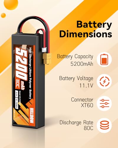 Hilldow 5200mAh 11.1V Lipo Battery 3S 80C 11.1V RC Battery Hard Case with XT60 Connector for RC Vehicles RC Car Trucks (2 Packs) - color: 2PCS