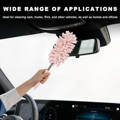 2PCS Car Interior Duster with Extension Pole, 11.8" to 30.5" Retractable Duster Washable Long Handle Cleaning Tool, Soft Chenille Detailing Brush for Auto Dash Vent Window (Light Pink) - color: Light Pink