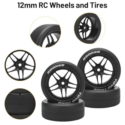 1/10 RC Drift Tires, daitoku 12mm RC Rally Racing Tires and Wheels for Tamiya Traxxas HPI KYOSHO XV02 XV01 TT01 TT02 PTG2 A959 - Style C (Black) - color: Black