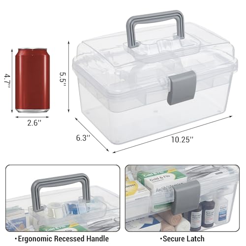 MyGift 10.2 Inch Transparent Plastic Empty Arts and Crafts Tackle Box | Gray Handle and Removable Tray for Tools, First Aid, Sewing Kit Clear Storage Container Craft Supplies Organizer Bead Jewelry