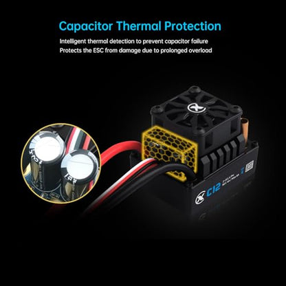XC C12 Sensorless Brushless Motor ESC for RC Car, 2-3S Lipo,60A Continuous Current,4-6A、6.0/7.4V BEC,Applicable to 1/12 ON Road & Off Roads (XT60)