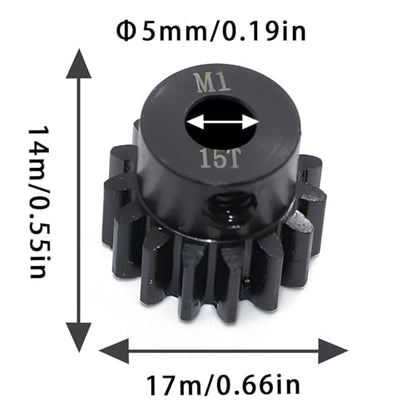 Steel Mod1 5mm Pinion Gear 1PCS,11-28T M1 Pinion Gear Metal Hardened Steel Fit 5mm RC Motor Shaft with 3.175mm Coupler Compatible with 1/5 1/6 1/8 1/10 1/14 RC Brushless Brush Motor (15T) - size: 15T