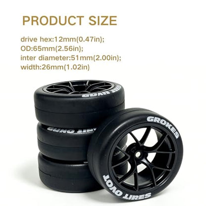 1/10 RC Drift Tires and Wheels Rims 12mm Hex 65mm OD Compatible with Tamiya Traxxas HPI Kyosho XV02 XV01 TT01 TT02 PTG2 A959 On-Road Drift Car (4PCS)