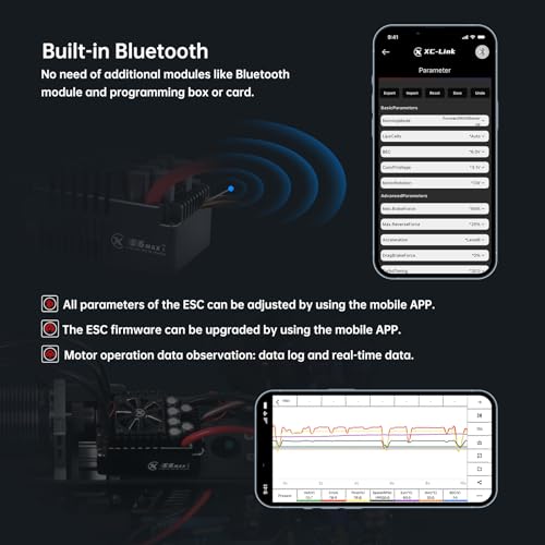 XC E6MAX APP Controls Sensored Brushless ESC for RC Car, 3-8S Lipo,550A Continuous Current,8-25A、6.0/7.4/8.4V BEC,Suitable for 1/6 1/5 Bashing Speed Run - size: E6MAX