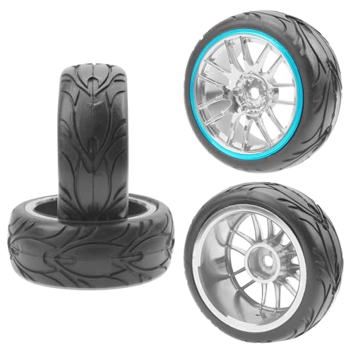ShareGoo RC OD 2.59" Plastics 12mm Hex Wheels Rims & Rubber Tires Set 14-Spoke Compatible with Traxxas Tamiya Sakura HSP Kyosho WLtoys 1/10 RC On-Road Racing Touring Car (Blue) - color: Blue