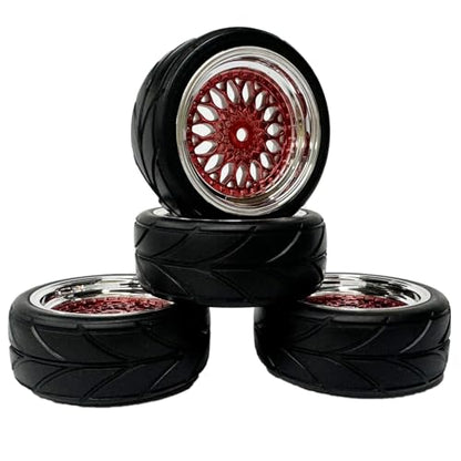4PCS 64mm RC On Road Rubber Tires and Plastic Plating Wheel Rims Set Replacement Part for 1/10 RC Run-flating Touring Racing Drift Car Tyre(Red Silver,Offset:3mm) - color: Red Silver, size: Offset:3mm