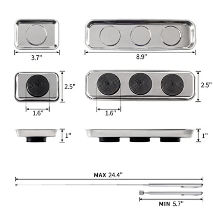 3 Pieces Magnetic Trays with 5LBs Telescoping Magnetic Pick-up Tool Set, 8.9" and 2 Pieces 3.7" Rectangle Stainless Steel Magnet Parts Tray for Screws, Mechanic's - size: 8.9", 2 x 3.7"+5LB Pickup