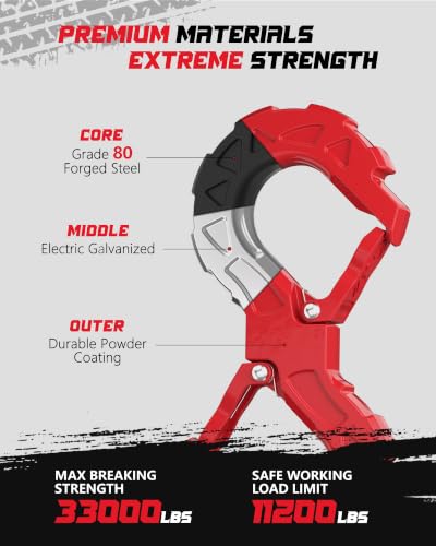 3/8 Tow Hook, Winch Hook for Off-Road Recovery, Towing Shackle 33000 Lbs, G80 Heavy Duty Strength Integrated Winch Quick Shackle, Red - color: Red