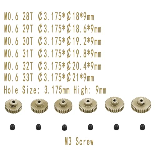 M0.6 Pinion Gear Set 3.175mm 28T 29T 30T 31T 32T 33T 6PCS 7075 Aluminum Alloy Metal Pinion Motor Gear for 1/10 RC Car Brushed Brushless Motor (6PCS - size: 0.6M-P-28-33T