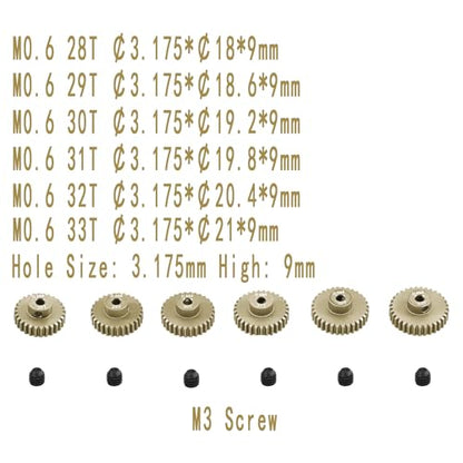 M0.6 Pinion Gear Set 3.175mm 28T 29T 30T 31T 32T 33T 6PCS 7075 Aluminum Alloy Metal Pinion Motor Gear for 1/10 RC Car Brushed Brushless Motor (6PCS - size: 0.6M-P-28-33T