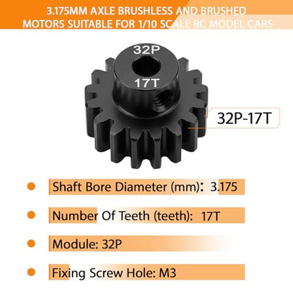 32P 17T Pinion Gear 3.175mm Shaft Hardened Steel, 32 Pitch Motor Gear for 1/10 Scale RC Car Truck Crawler Monster Buggy, Compatible with Traxxas for Axial 540 550 Brushed 3650 3660 Brushless - color: 17T
