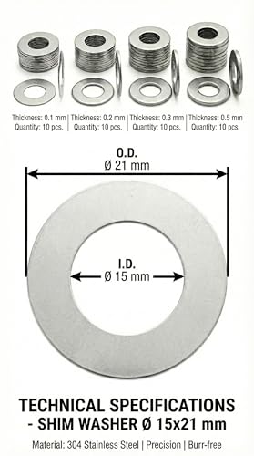 Shim Washers Stainless Steel 15x21 Precision Spacer Kit for Bearings Gearboxes CNC and RC Tuning Assortment 40 Pieces 10 Units x 0.1/0.2/0.3/0.5 mm Deburred Flat Tight Tolerance Professional Use - size: 15x21