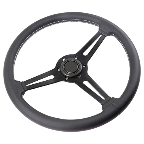 Universal Flat Drift 6 Bolts Steering Wheel Wrapped Genuine Leather Grip | 14 inch Sport Racing Steering Wheel with White Stitching Black Spokes - color: 5126H-black