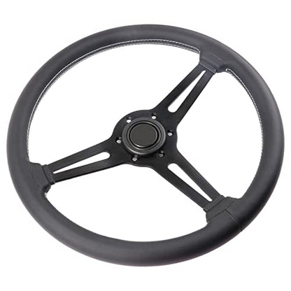 Universal Flat Drift 6 Bolts Steering Wheel Wrapped Genuine Leather Grip | 14 inch Sport Racing Steering Wheel with White Stitching Black Spokes - color: 5126H-black