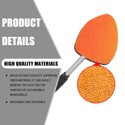 4 Pack Windshield Cleaning Tool with Extendable Handle, Orange | aluminum ABS and microfiber body, pivoting head, reusable cloth pads, fits most vehicle glass, auto cleaning tools - color: Orange