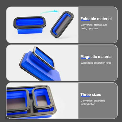 Collapsible Magnetic Parts Tray Set Foldable Magnetic Tray 3 Different Size Silicone Tool Trays for Screw, Bolts,Nuts,with Magnetic Base Stores and Organizes Small Parts and Tools | Magnetic Tray with Magnetic Base 3 Different Size Silicone Tool Trays for