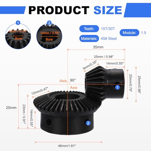 uxcell 2Pcs Tapered Bevel Gears Set, 1.5 Mod 1:2 (15T/30T) Harden Steel Straight Bevel Gear, 90 Degree Steering Motor Gears, (6/14mm Shaft Hole with Keyway) - size: 6/14mm