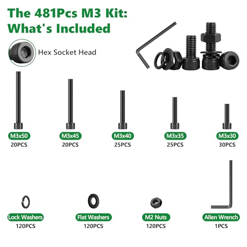 481PCS M3 Screw Assortment Kit, 12.9 Alloy Steel Hex Socket Cap Bolts | High-Tensile, M3 x 30/35/40/45/50mm, With Flat Washers & Allen Wrench, Black Zinc Plated For 3D Printing,RC,DIY,Home - size: M3 481pcs 3