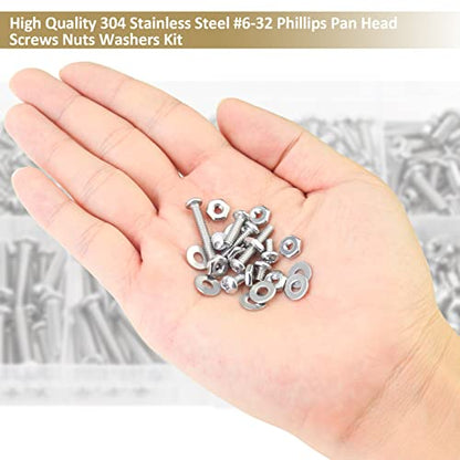 242 Pieces #6-32x 3/16", 1/4", 5/16", 3/8", 1/2", 5/8", 3/4", 1", Phillips Pan Head Machine Screws Nuts Washers Assortment Kit, 304 Stainless Steel, Fully Machine Thread - size: #6-32