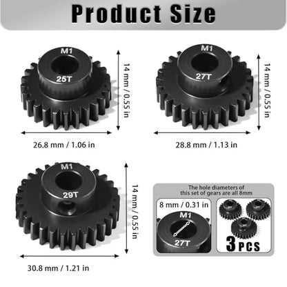 M1 8mm Steel Pinion Gear Set 25T 27T 29T with Laser-Engraved Tooth Count for 1/5 X-Maxx Rc Model Car Buggy Truck Replacement Mod 1 Gear Compatible with Brushed & Brushless Motors 3 Pcs - size: M1-8MM-PG-25T-27T-29T