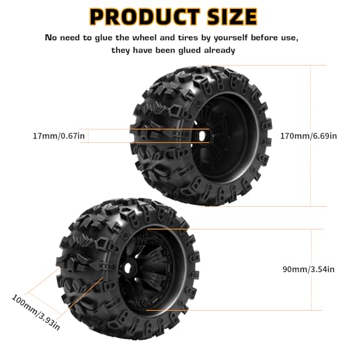 1/8 RC Monster Truck Tires, daitoku 17mm Hex RC Wheels and Tires for Traxxas Maxx Tmaxx E-Revo Revo 3.3 Arrma Kraton Notorious 6s Redcat Kaiju Shredder JLB Cheetah Monster
