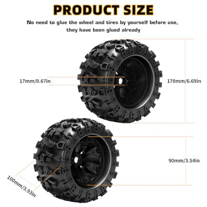 1/8 RC Monster Truck Tires, daitoku 17mm Hex RC Wheels and Tires for Traxxas Maxx Tmaxx E-Revo Revo 3.3 Arrma Kraton Notorious 6s Redcat Kaiju Shredder JLB Cheetah Monster