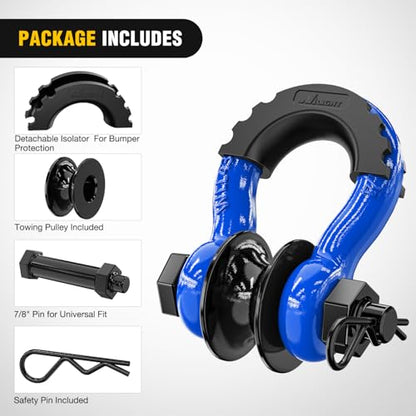 Nilight 3/4" D-Ring Shackle with Snatch Block, Heavy Duty Recovery Set | 9,500 lbs WLL, Winch Pulley, Fits Synthetic Rope & Steel Cable, Truck, Jeep, ATV, UTV, 2-Piece Kit, Blue - color: Blue 3/4" w/Towing Pulley 2 Pack, size: Shackle