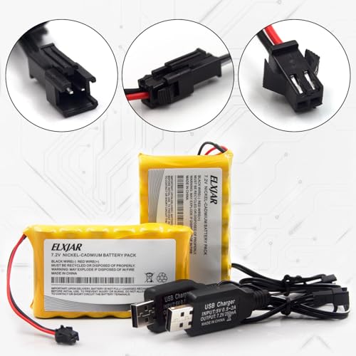 (2-Pack) 7.2V 800mAh Ni-Cd Battery with SM-2P Plug for Huina 1550 | Fits old-version Huina 550, 560, 1560, 570, 1570 and Fisca TR-211 RC vehicles; includes 2 USB charger cables.