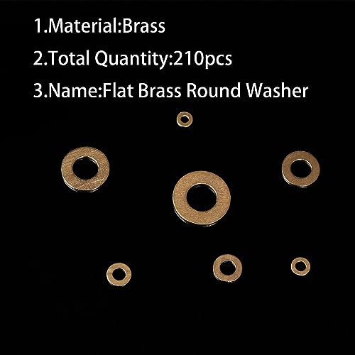 Brass Flat Washer Gasket Kit – 210 Pieces Washers Assortment for M3, M4, M5, M6, M8, M10 and M12 Screws and Bolts