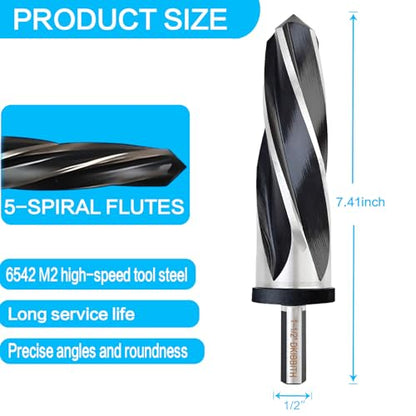 1-1/2" Bridge Construction Reamer Drill Bit, M2 HSS Taper Chucking Reamer for Steel Alloy Metal Wood Plastic, 1/2" Non-Slip Shank, 5-Spiral Flutes Car Reamer, to Align or Enlarge Holes, 38mm - size: 1-1/2"