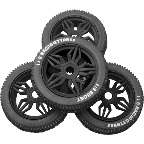 ShareGoo OD 4.52" 1/8 RC Buggy Rubber Tires Tyre w/ 5 Spoke Plastic Rim 17mm Hex Compatible with Arrma Kyosho Exceed RC Traxxas Redcat HSP HPI 1/8 Scale Off Road Car Buggy (Black) - color: Black