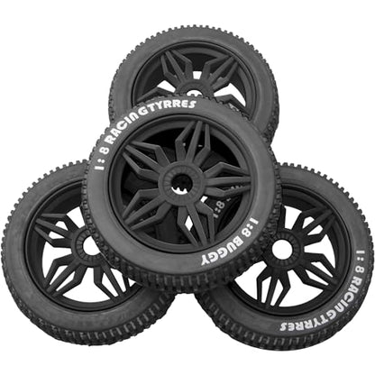 ShareGoo OD 4.52" 1/8 RC Buggy Rubber Tires Tyre w/ 5 Spoke Plastic Rim 17mm Hex Compatible with Arrma Kyosho Exceed RC Traxxas Redcat HSP HPI 1/8 Scale Off Road Car Buggy (Black) - color: Black
