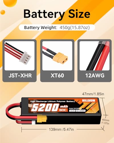 Hilldow 5200mAh 11.1V Lipo Battery 3S 80C 11.1V RC Battery Hard Case with XT60 Connector for RC Vehicles RC Car Trucks (2 Packs) - color: 2PCS