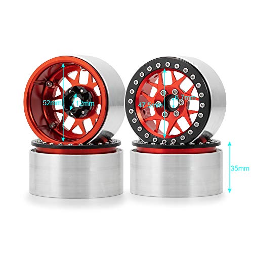 2.2inch Beadlock Wheels Rims 35mm for 1/10th Scale RC Crawler Model Car Wraith 90018 -Pack of 4 (Red) - color: Red