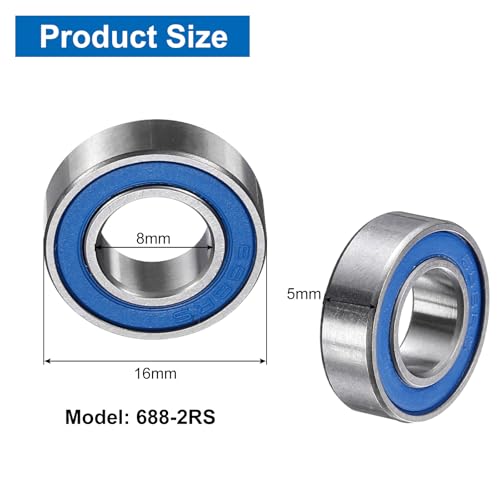 uxcell 4 Pcs 688-2RS Deep Groove Micro Bearing, 8x16x5mm Double Rubber Sealed Chrome Steel Small Bearings (ABEC5, Z4 Low Noise) - size: 688-2RS