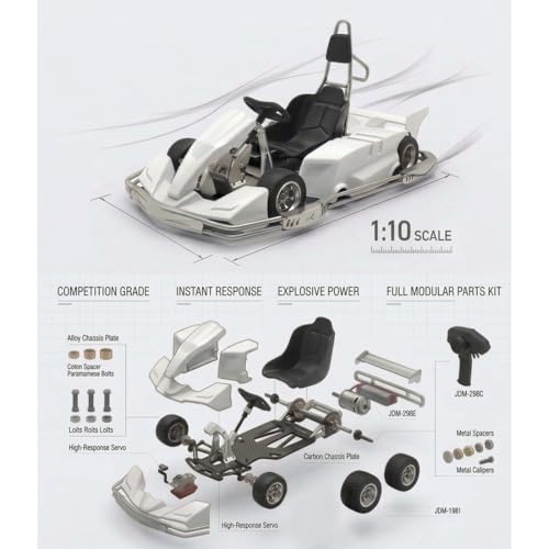 JDM-298A 1/10 Scale RC Car DIY Assemble Kit, 2.4GHz Carbon Fiber Chassis RC Drift Kart Model with 3-in-1 ESC, 30000 RPM Brushed Motor for Adults (KIT Basic Version) - color: Kit Basic Version