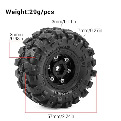 1.0" Beadlock Aluminum Wheels and 57mm Soft Rubber Tires | for SCX24, TRX4M, Ascent 18, FCX24, 1/18 1/24 RC Crawler, 7mm Hex, 0mm Offset, with Foam Inserts, (Black 101) - color: Black 101