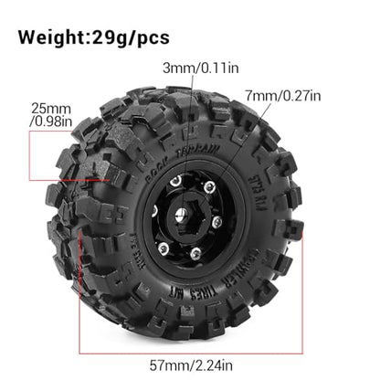 1.0" Beadlock Aluminum Wheels and 57mm Soft Rubber Tires | for SCX24, TRX4M, Ascent 18, FCX24, 1/18 1/24 RC Crawler, 7mm Hex, 0mm Offset, with Foam Inserts, (Black 101) - color: Black 101